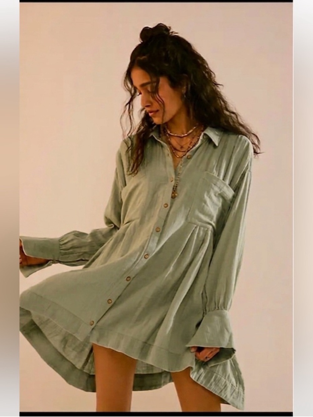FREE PEOPLE The Voyager Sage Gauze Shirtdress Tunic Oversized XS